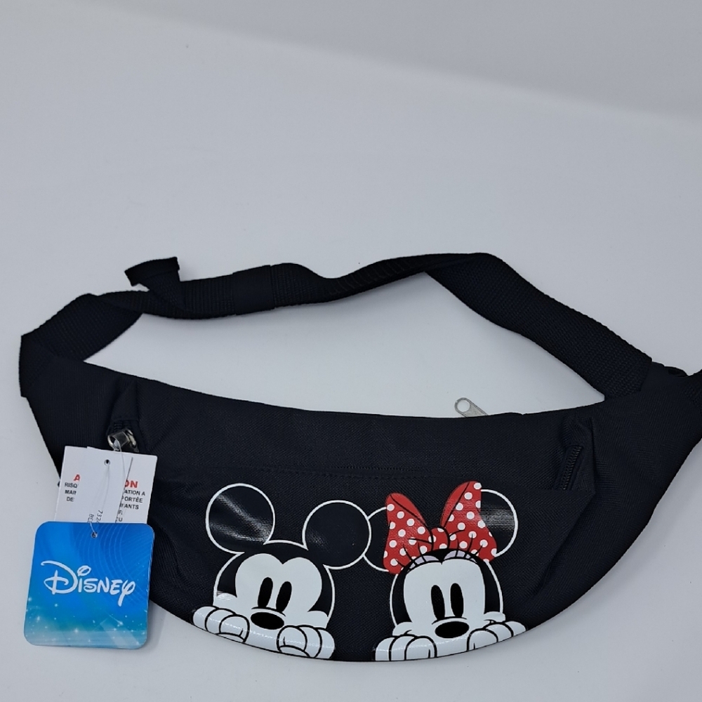 Disney Black Fanny Pack Belly Bag with‎ Mickey and Minnie Peeking One Size
